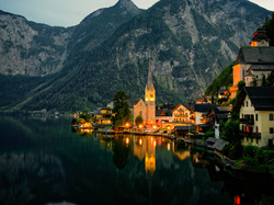 Hallstatt, Domy, Góry, Kościół, Austria, Jezioro Hallstättersee